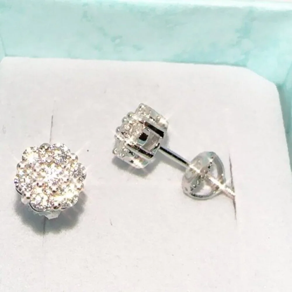 GRA Certified Moissanite Flower Cluster Stud Earrings Sterling Silver Screw Back